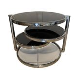 Coffee table with 3 chrome and smoked glass tops.