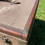 Antique travel trunk, wooden and leather transport case, 1900