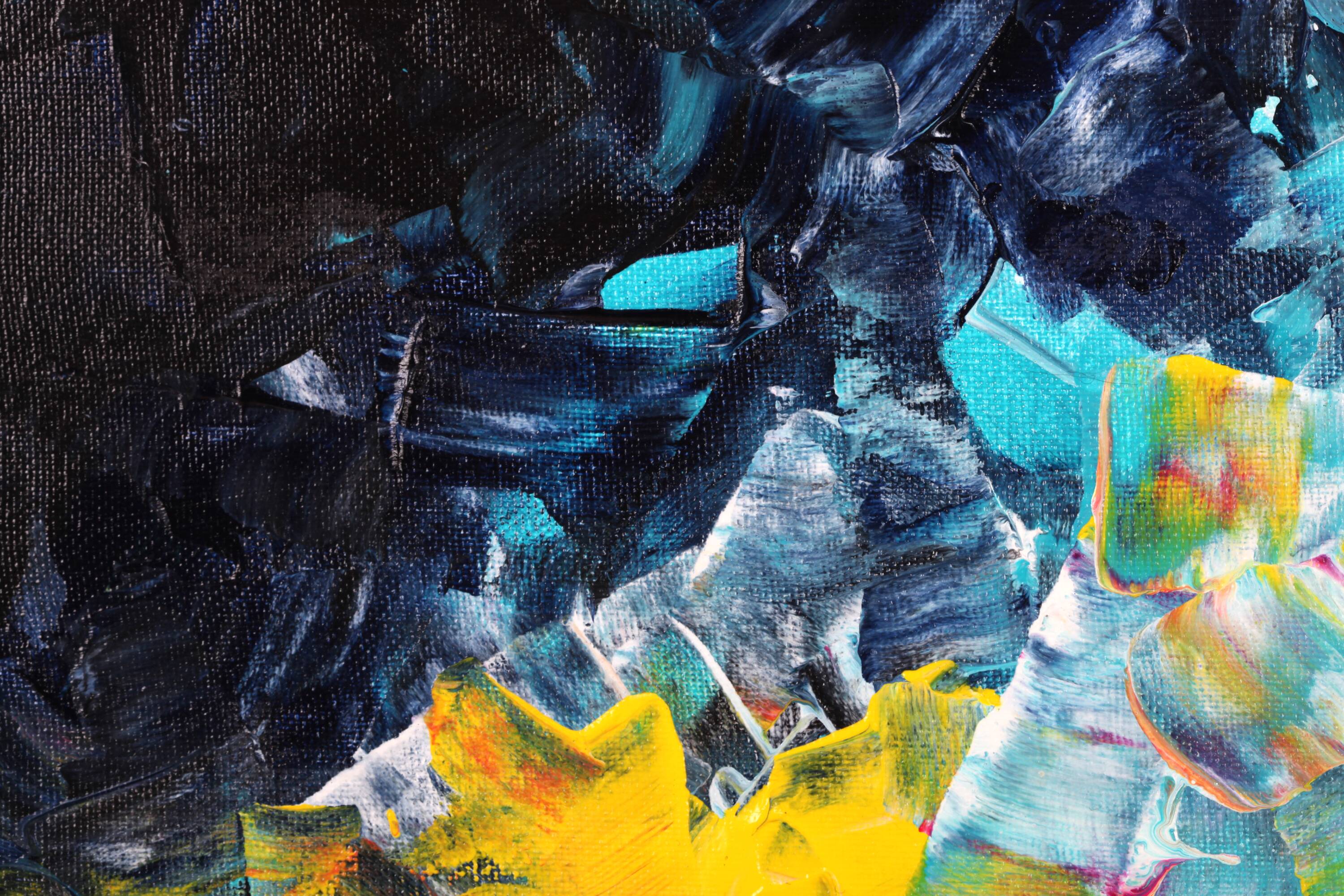 Acrylic painting on canvas in blue, pink, and yellow.