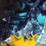 Acrylic painting on canvas in blue, pink, and yellow.