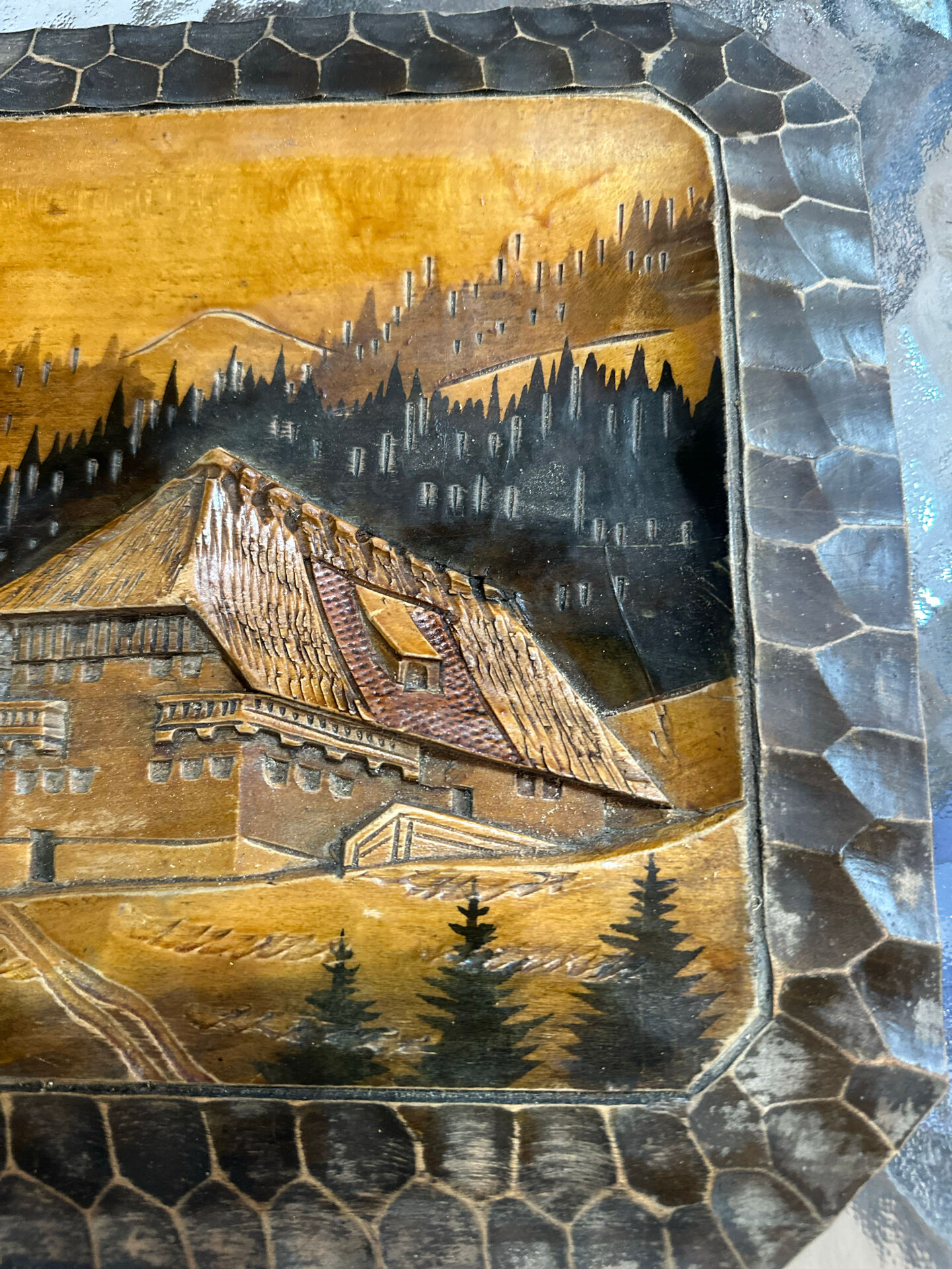 Carved wooden wall panel Black Forest Chalet mountain Switzerland Germany