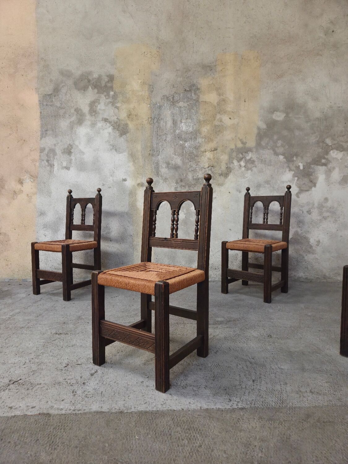 4 wooden and corded Basque chairs