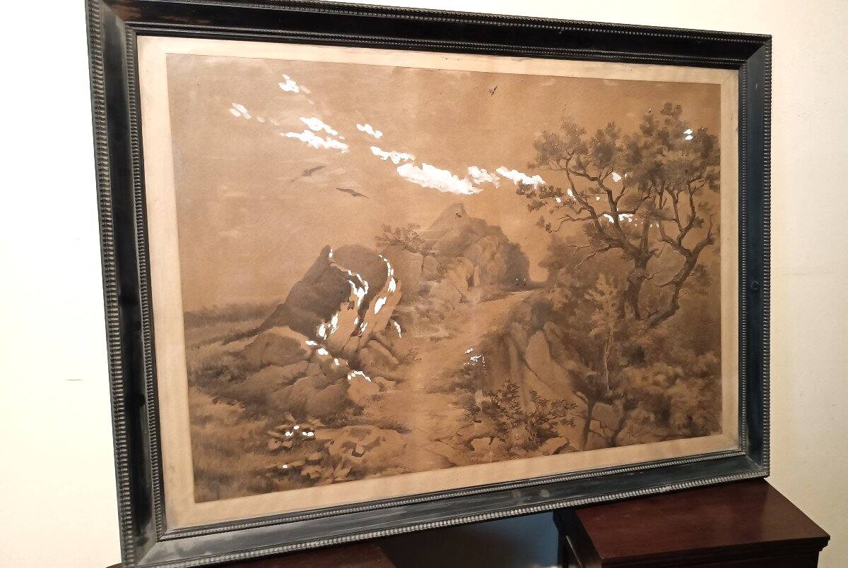 Grande peinture de paysage, techniques mixtes, 19e siècle