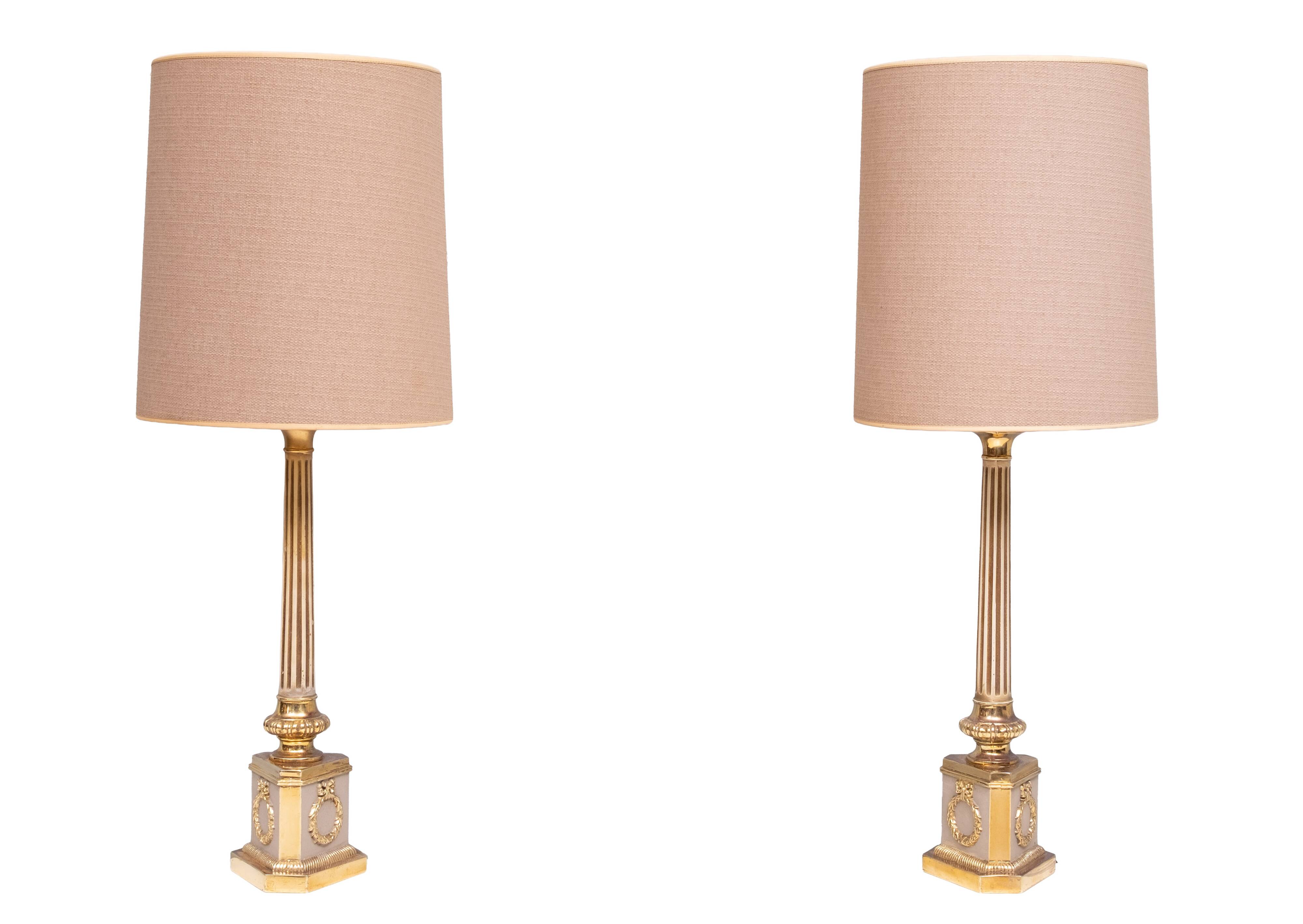Antique empire brass Column Table Lamps 1950s