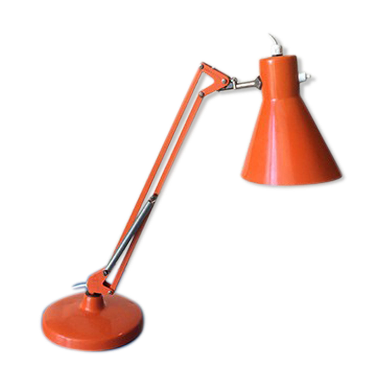 Luxo L9 orange single-arm lamp on plinth