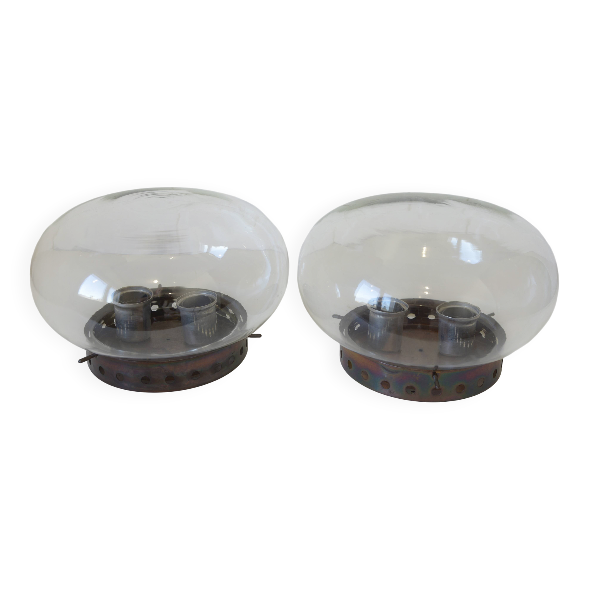 Set of 2 Vintage Space Age Stye Sconces Copper Flush Mount Lights 1980's