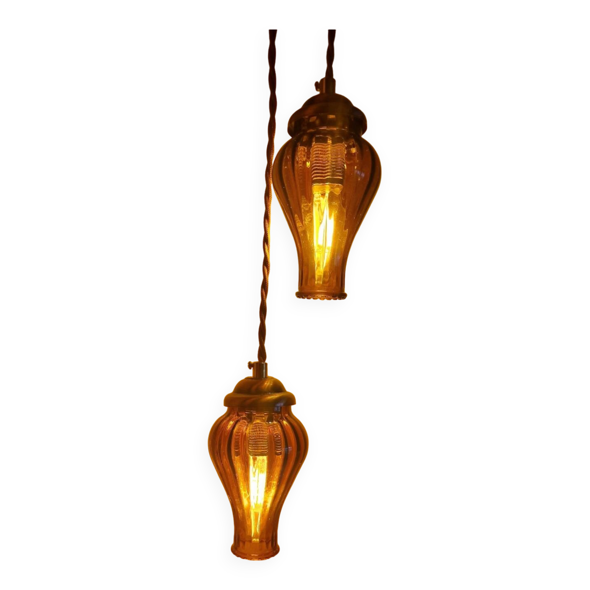 Duo of brown smoked glass portable lamps