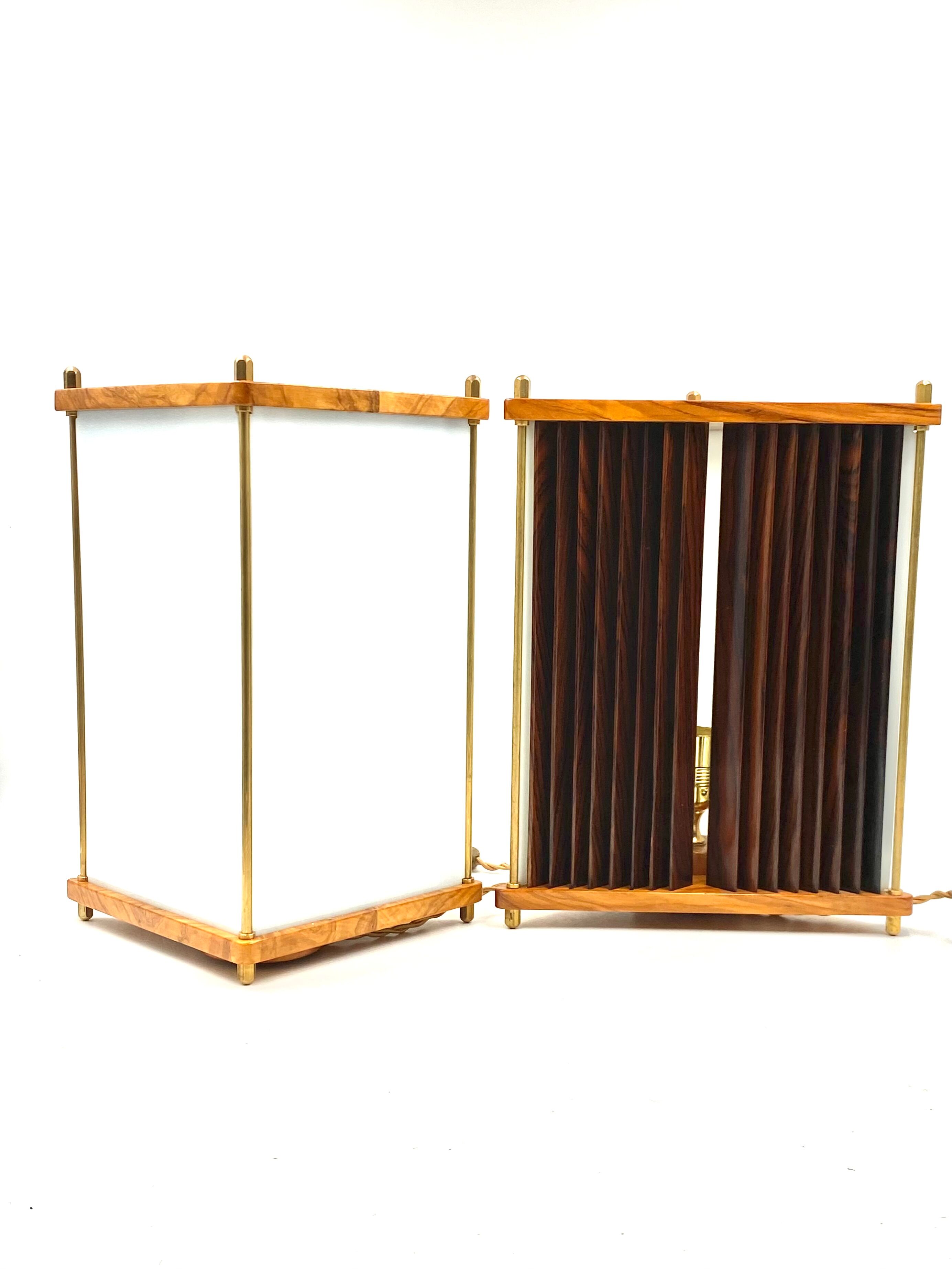 Leonardo Mosso 2 palisander and brass table lamps, Italy 1970s
