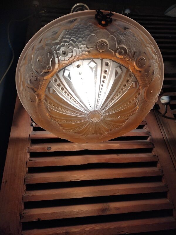 Chandelier Muller Lunéville golden support saucer pink glass paste DP 1122321