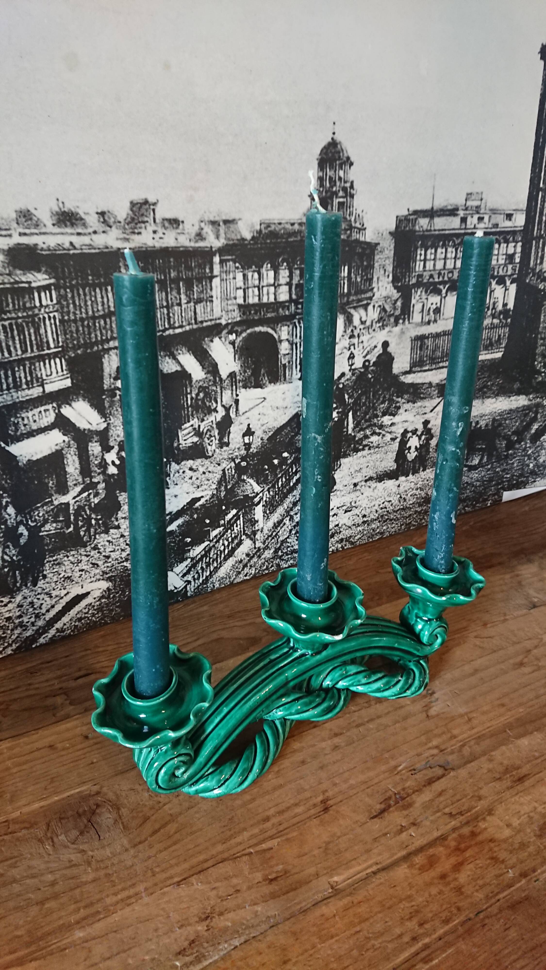 Vallauris 3-light candleholder in green earthenware