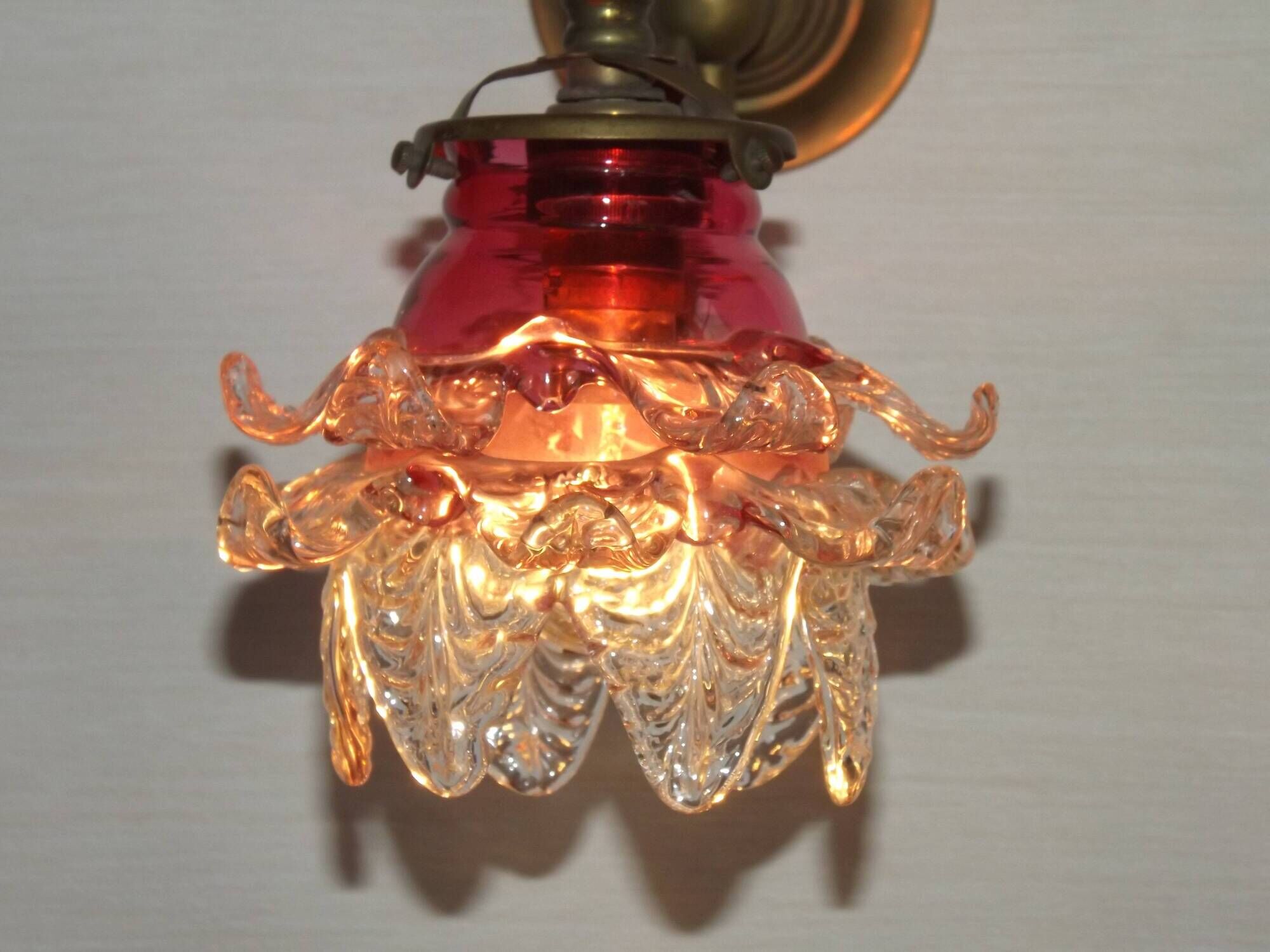 French Brass Single Wall Light with Pink & Clear Floral Glass Shade