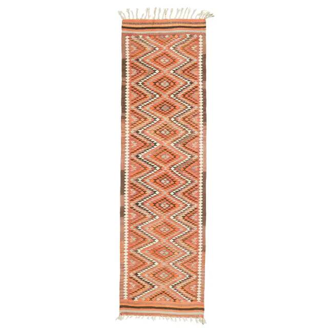 1970s Vintage Turkish Hand-Knotted Wool Cotton Orange Runner Rug 96x346