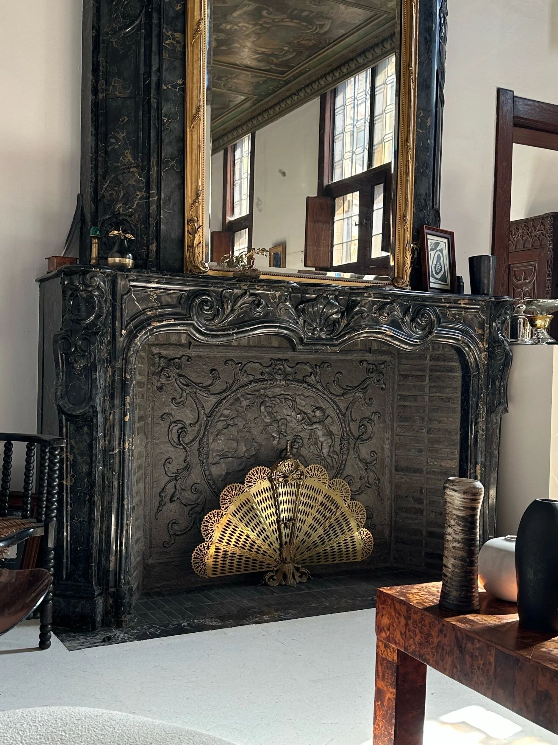 Vintage French brass fire screen, peacock design, 20th century.
