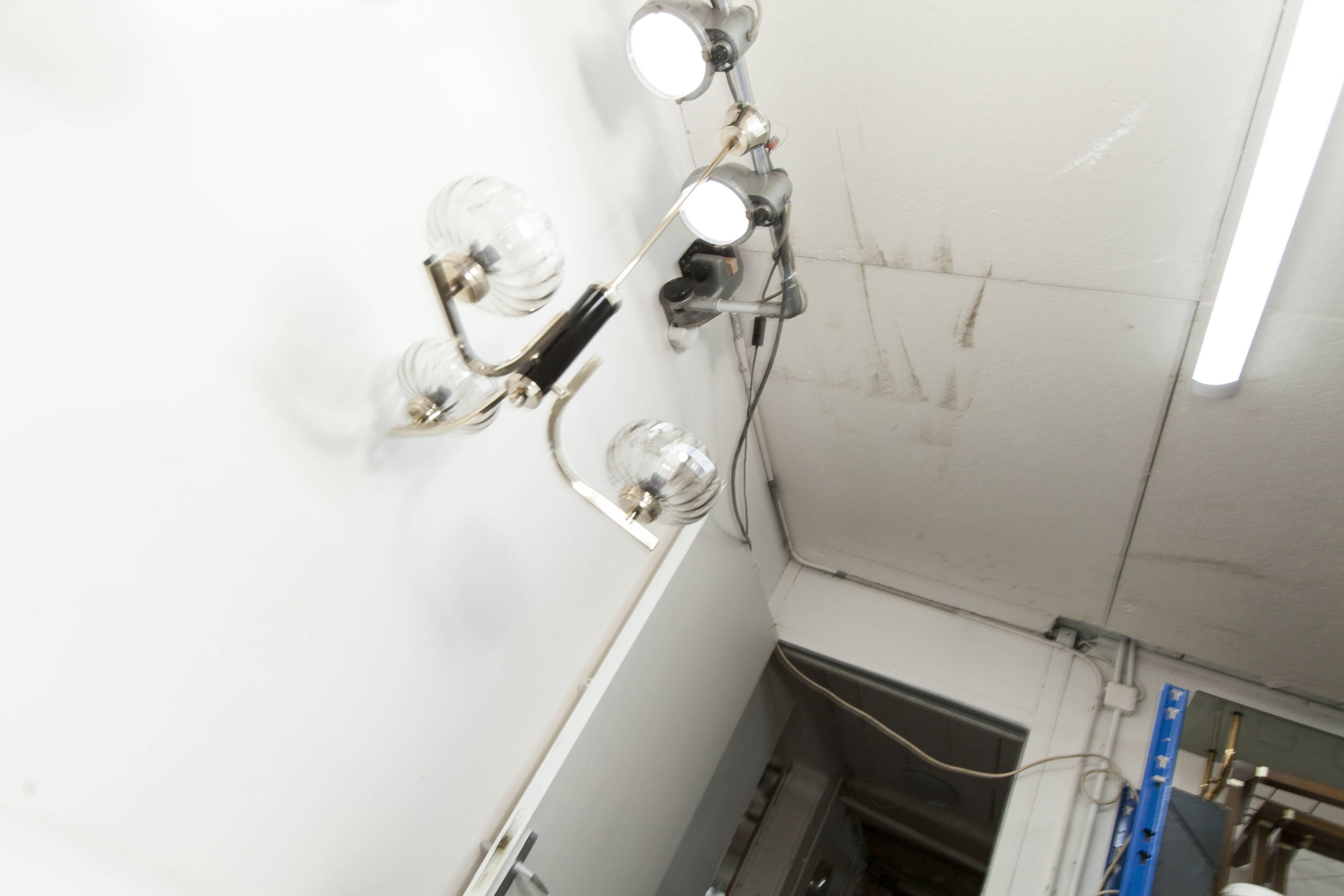 See Delmas chandelier, 3 arms, black and gold, clear glass, 1960