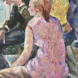 Interior scene with guitar at Kiev airport, USSR, oil travel 1974.