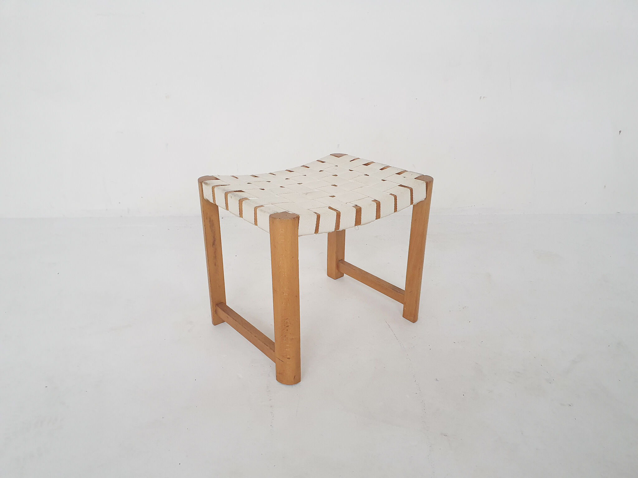 Scandinavian modern wooden stool with white bands, 1970's