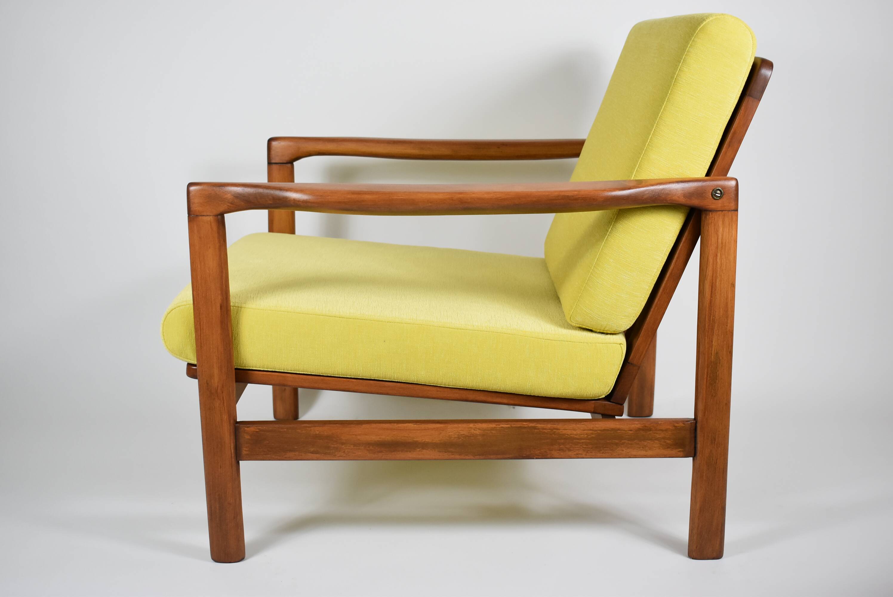 Scandinavian restored armchair, original 60s icon, yellow, teak