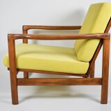 Scandinavian restored armchair, original 60s icon, yellow, teak
