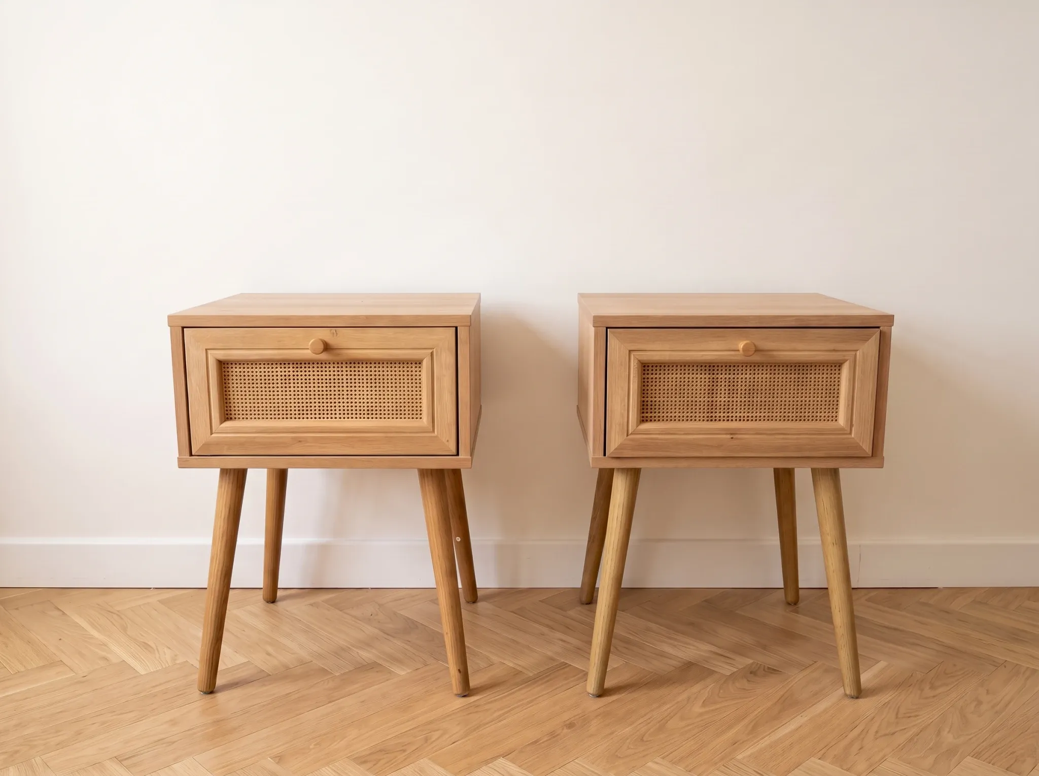Pair of wooden and cane bedside tables, 1950s