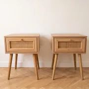 Pair of wooden and cane bedside tables, 1950s