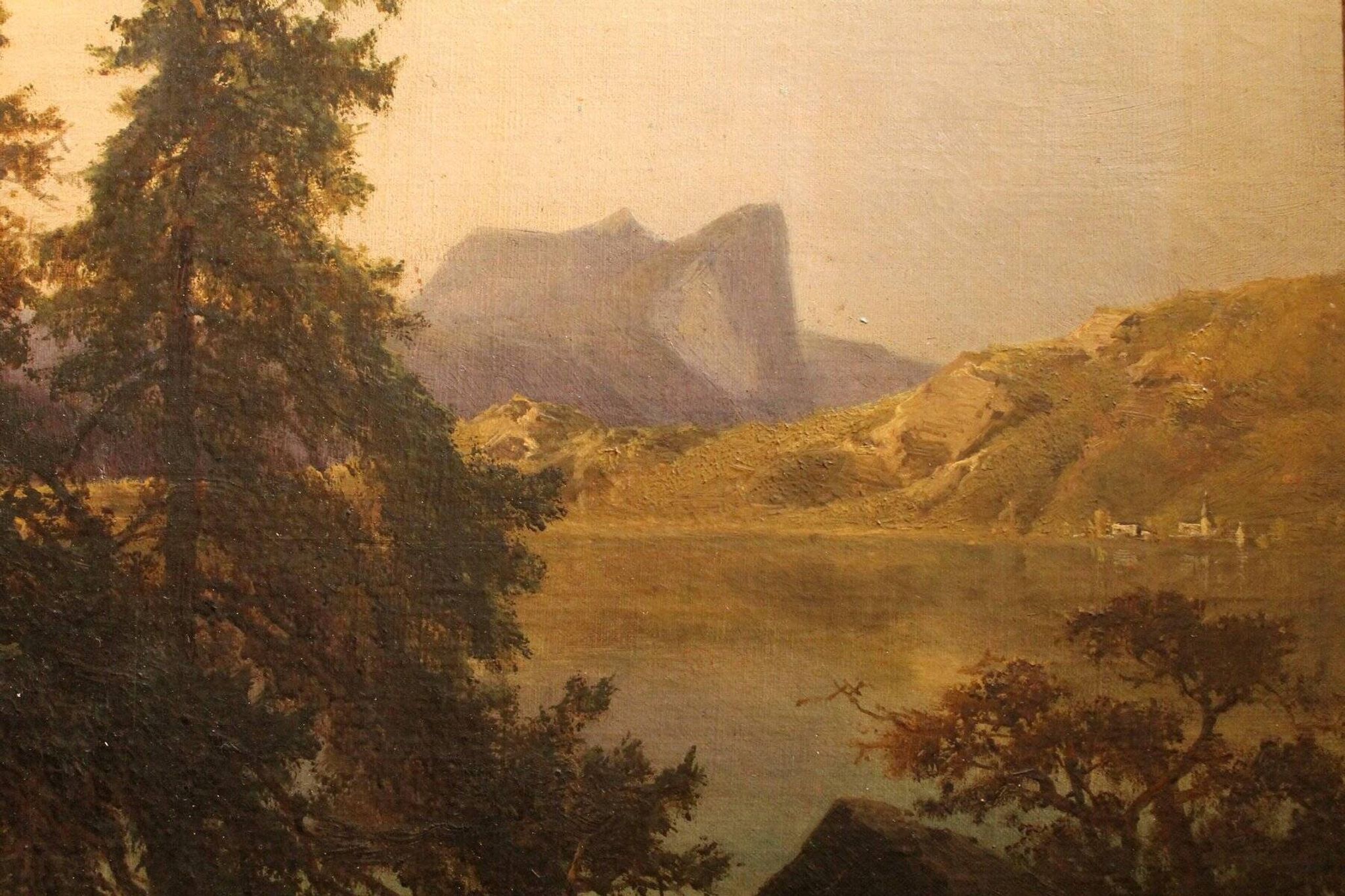 Joseph Brunner, Austrian Landscape with Lake and Mountain Painting, 1869, Oil on Canvas, Framed