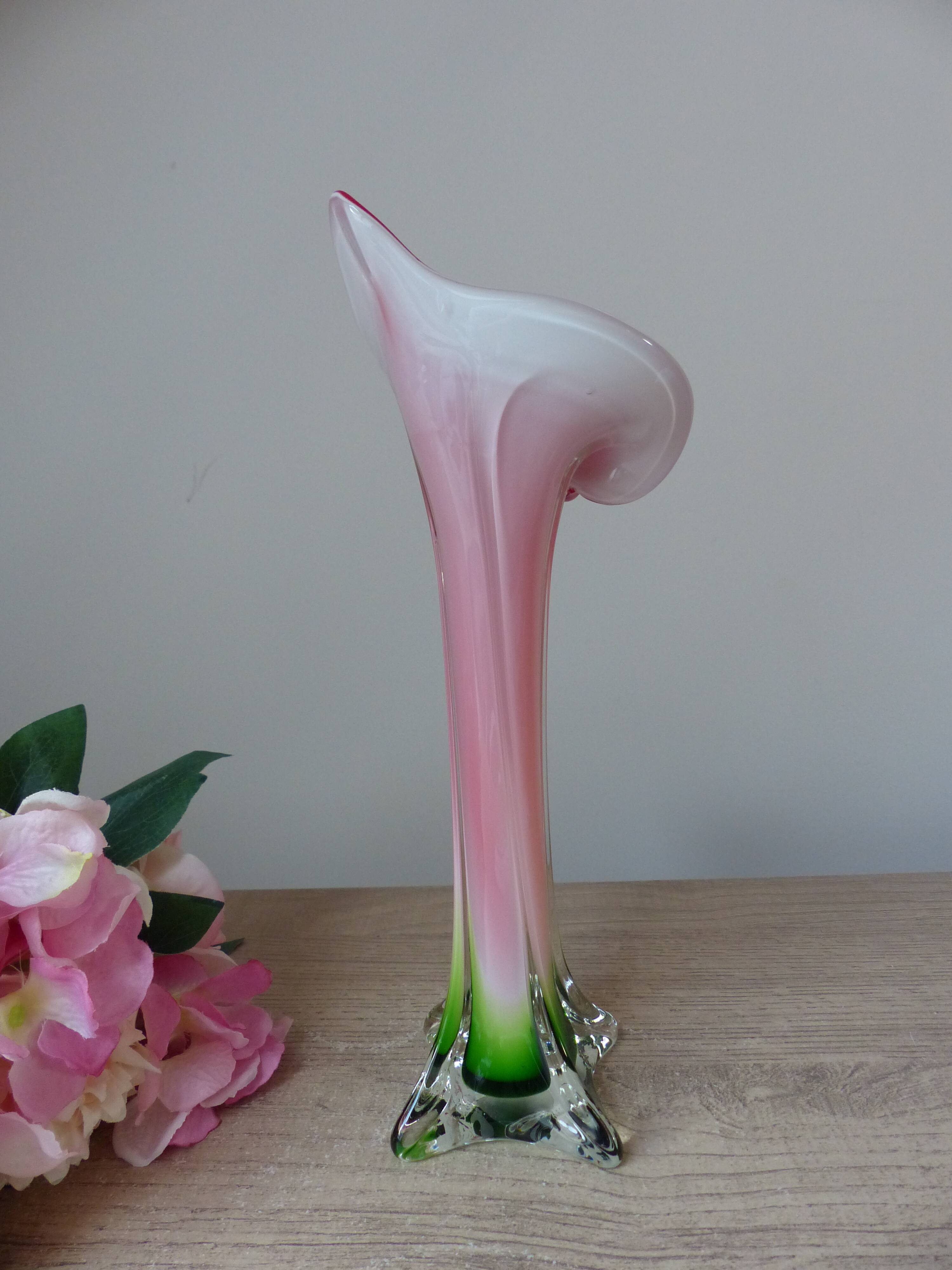 Vintage coloured blown glass vase in the shape of a calla lily.