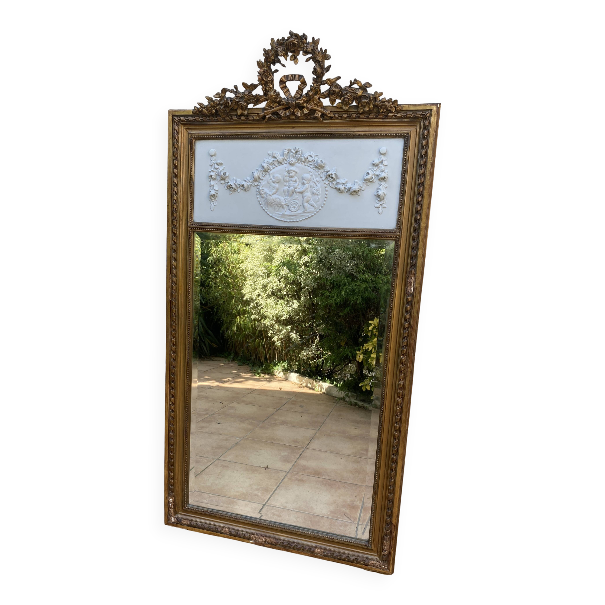 19th century Louis XVI style mirror in wood gilded with gold leaf, 74x150cm