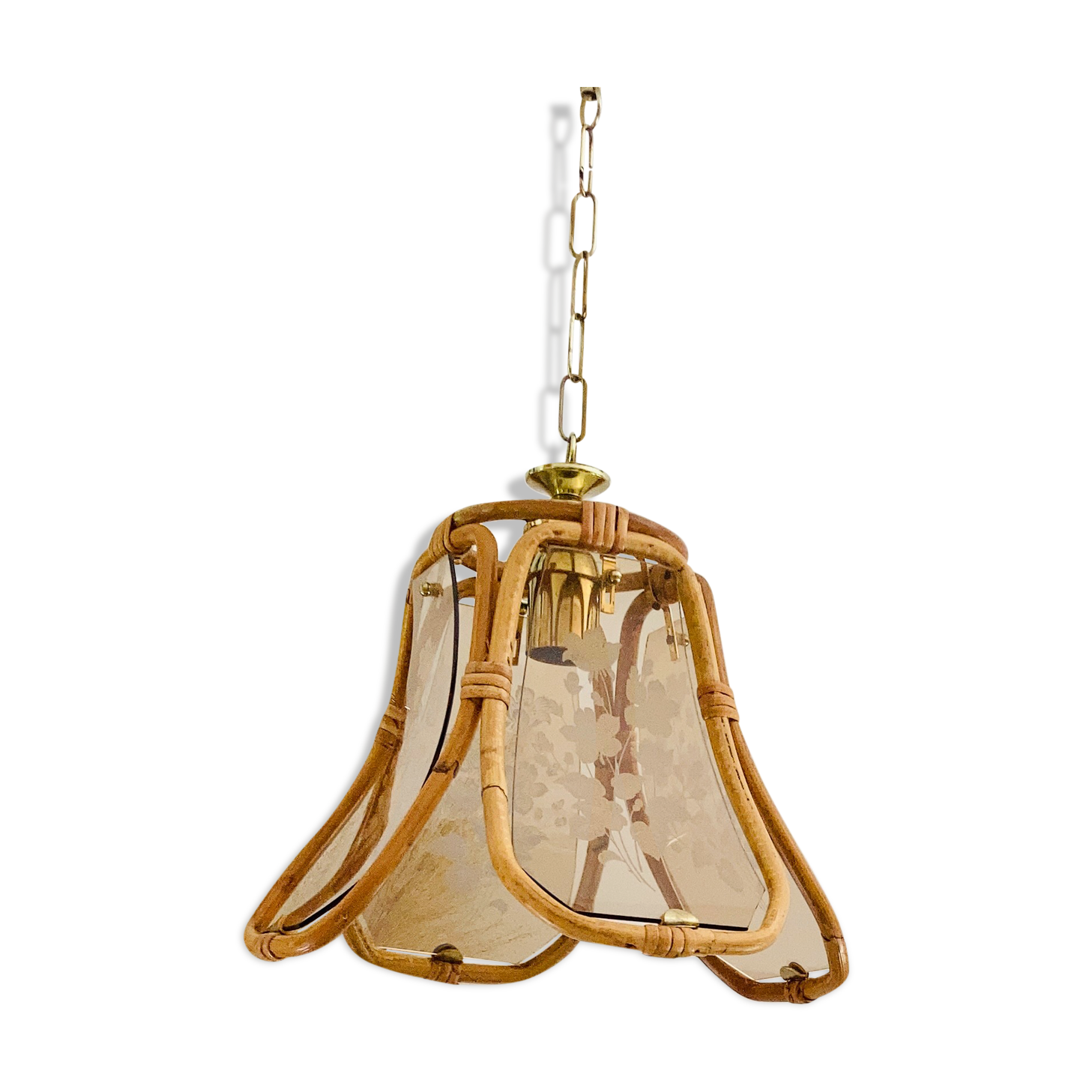 Suspension lustre rotin et verre années 60s