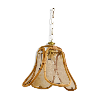 Suspension lustre rotin et verre années 60s
