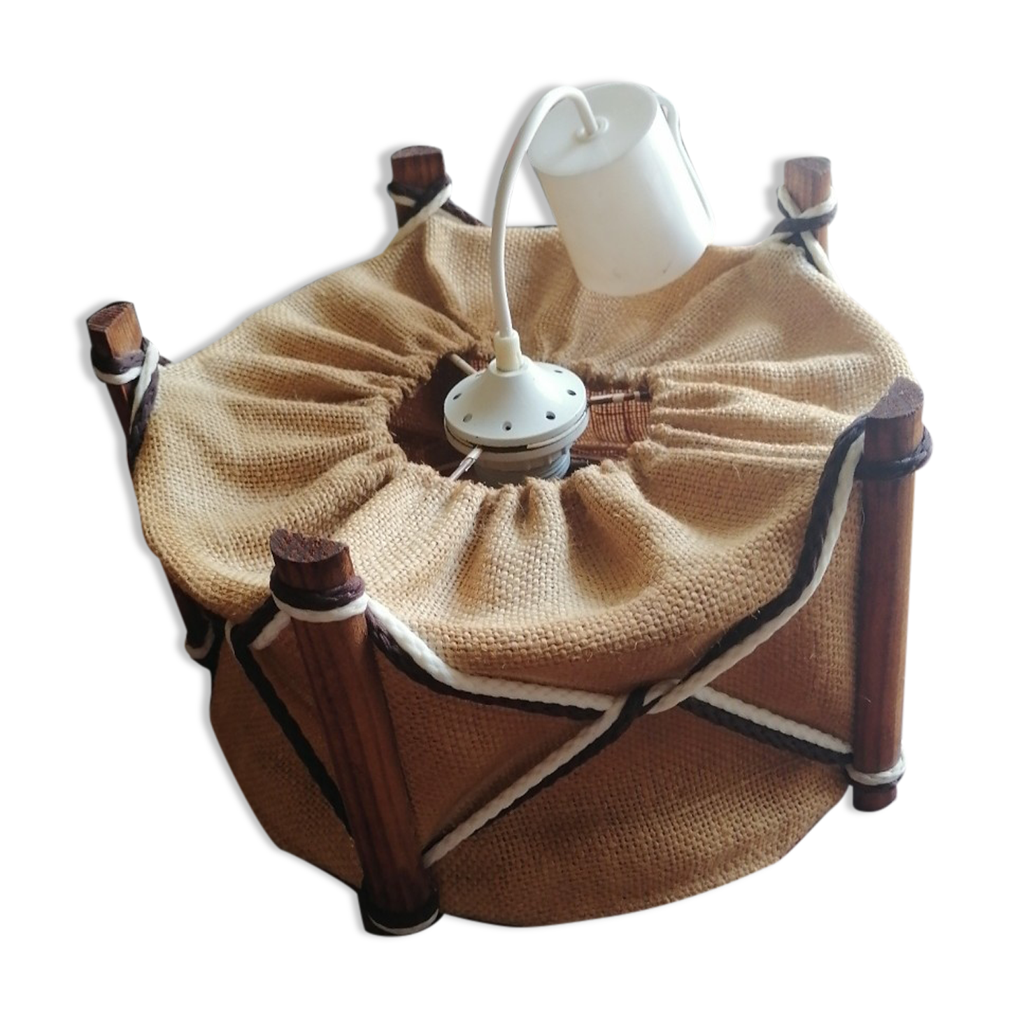 Small chandelier 1960 1970 canvas jute wood Scandinavian style