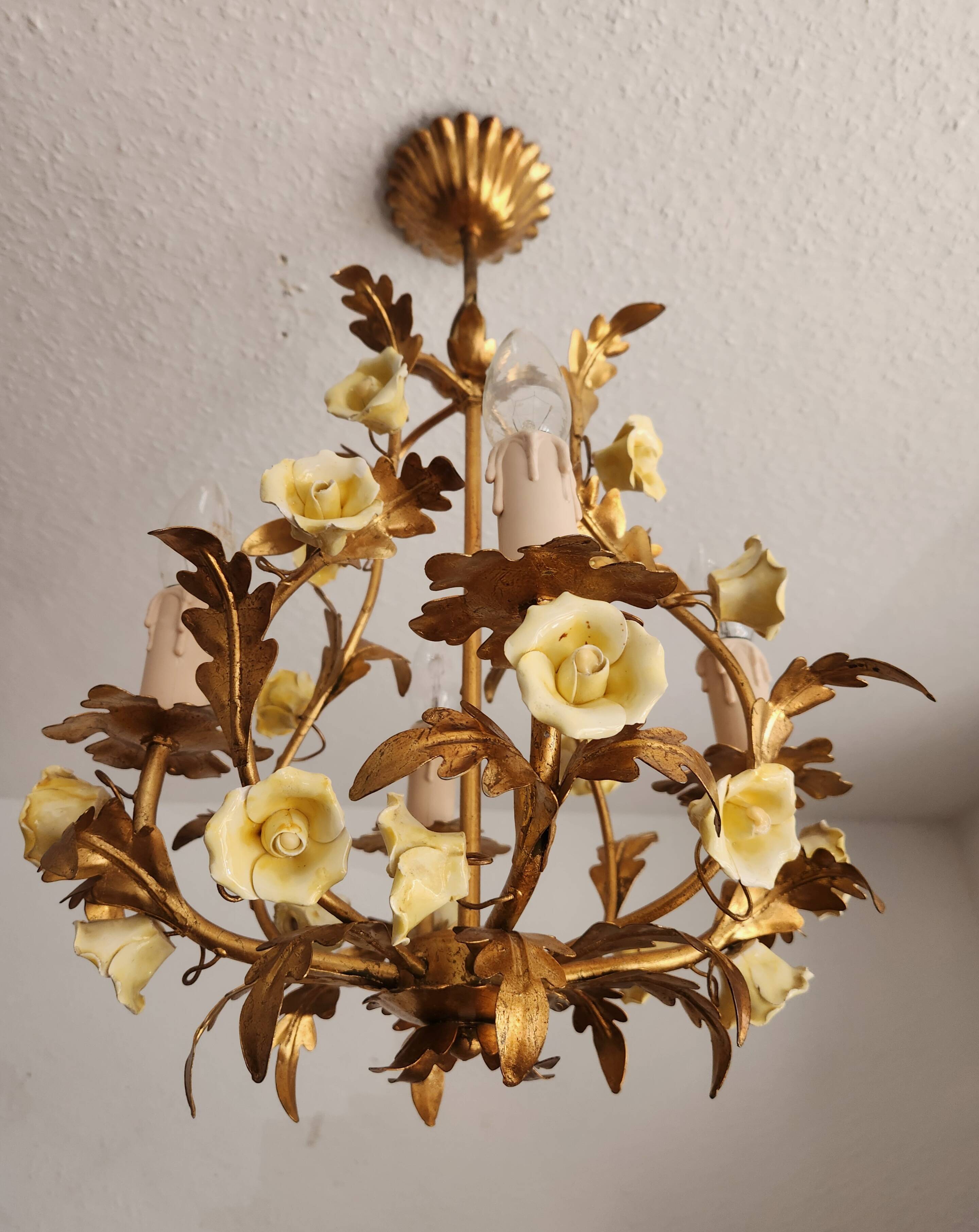 Vintage gilded hand-forged Florentine ceiling light with porcelain roses.