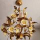 Vintage gilded hand-forged Florentine ceiling light with porcelain roses.