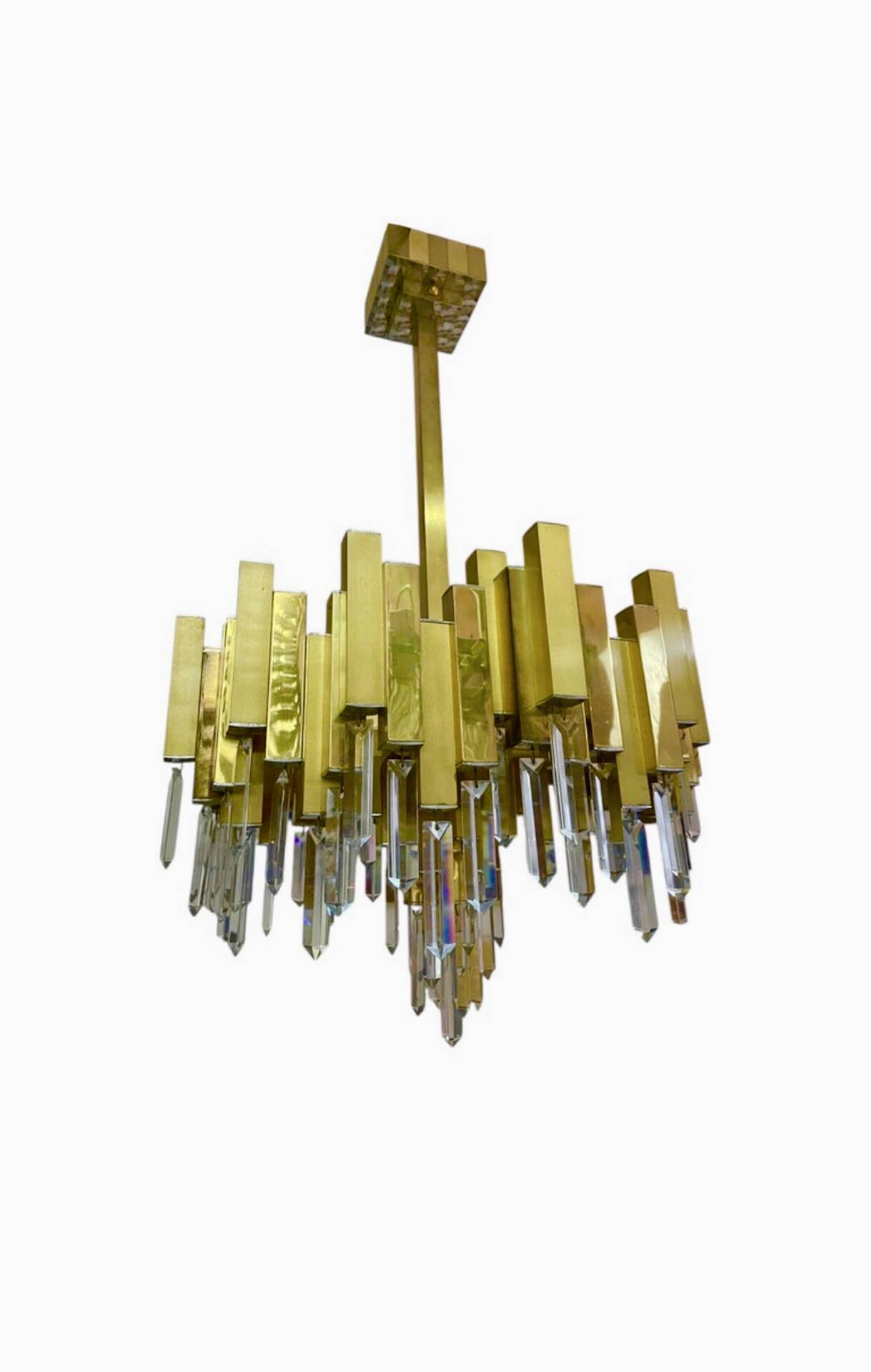 Rare 1970s Lumica chandelier in brass and crystal.