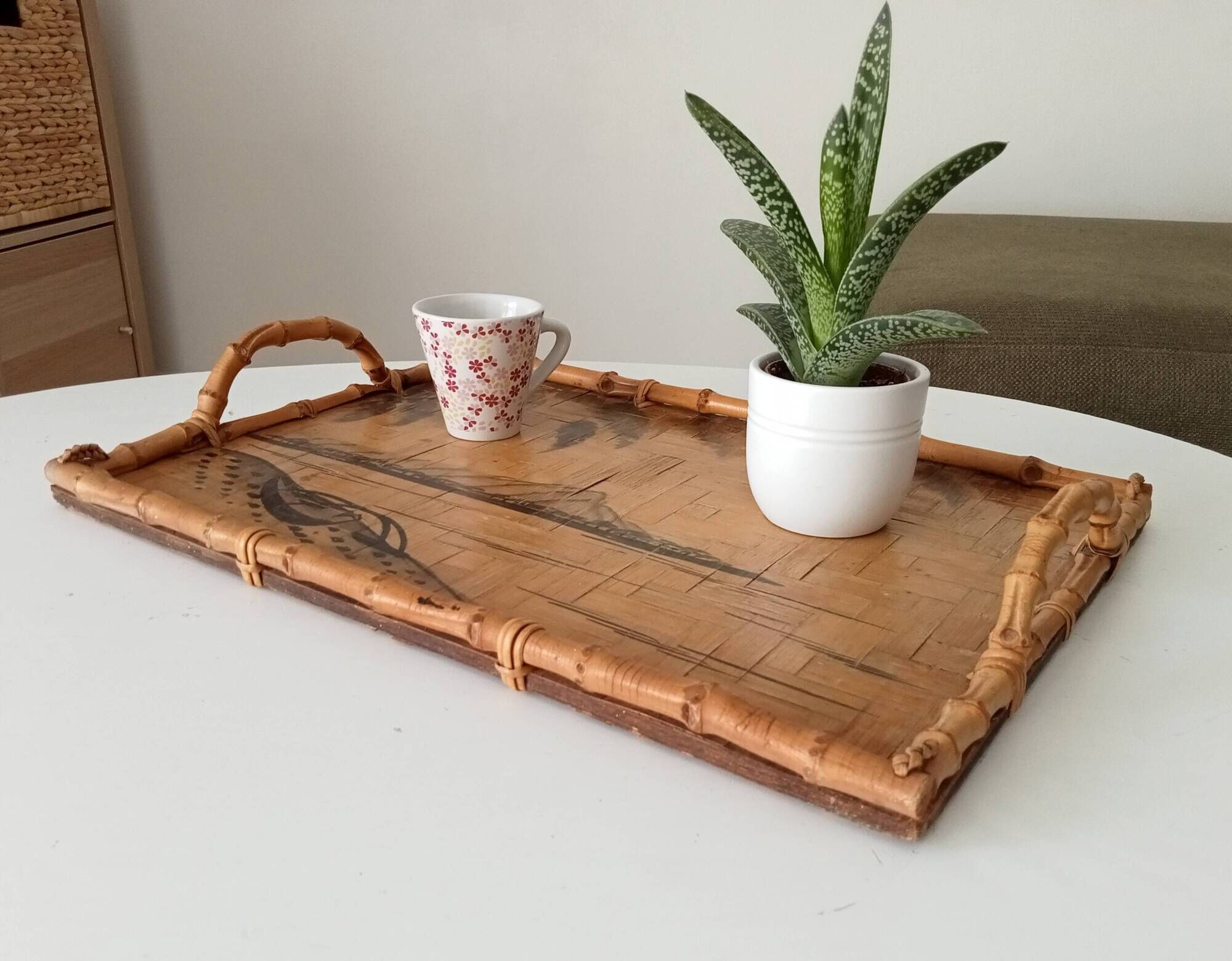 Vintage serving dish in bamboo and rattan Diamond Head Hawaii Tiki 60's