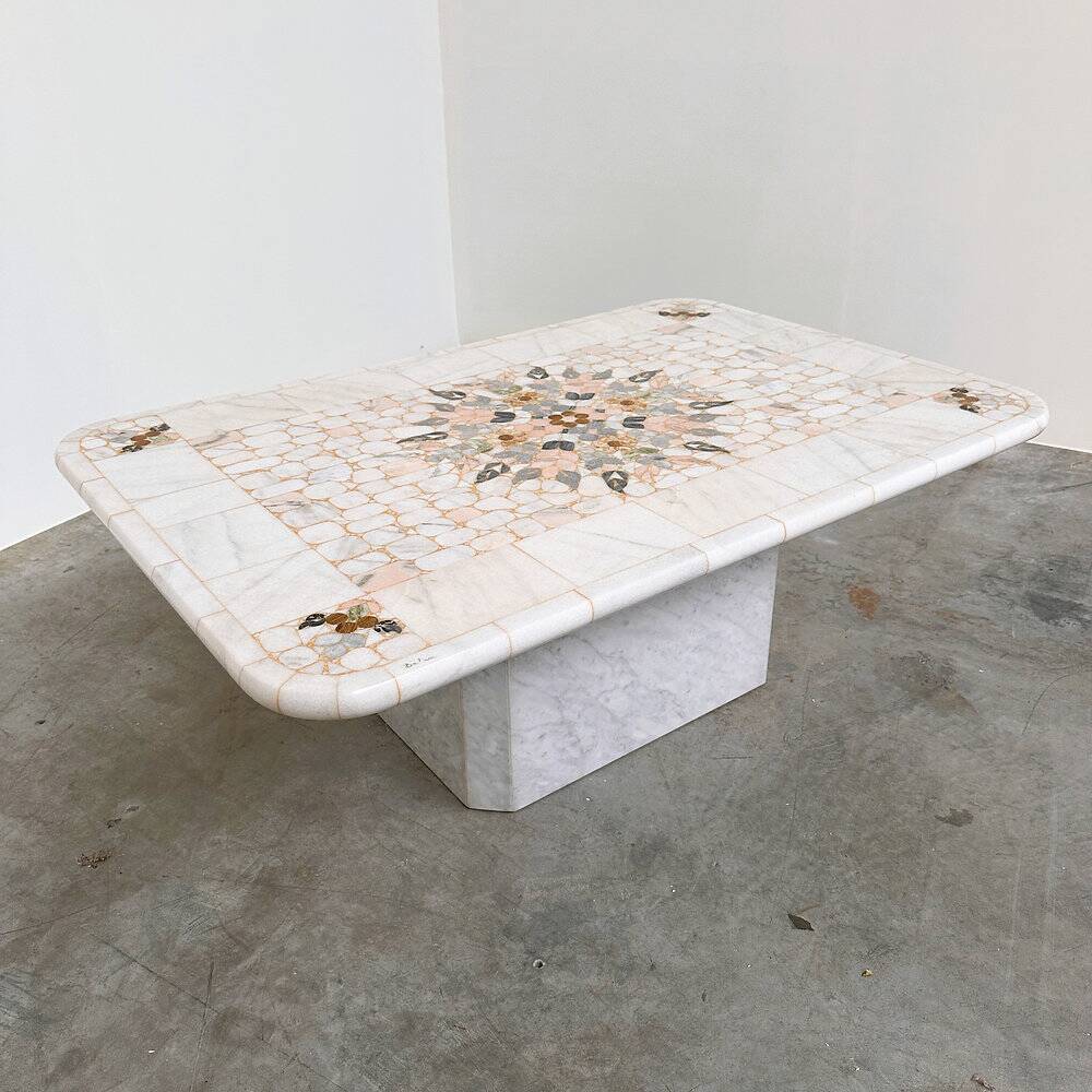 Large Italian pietra dura marble mosaic coffee table, floral inlay, Carrara marble