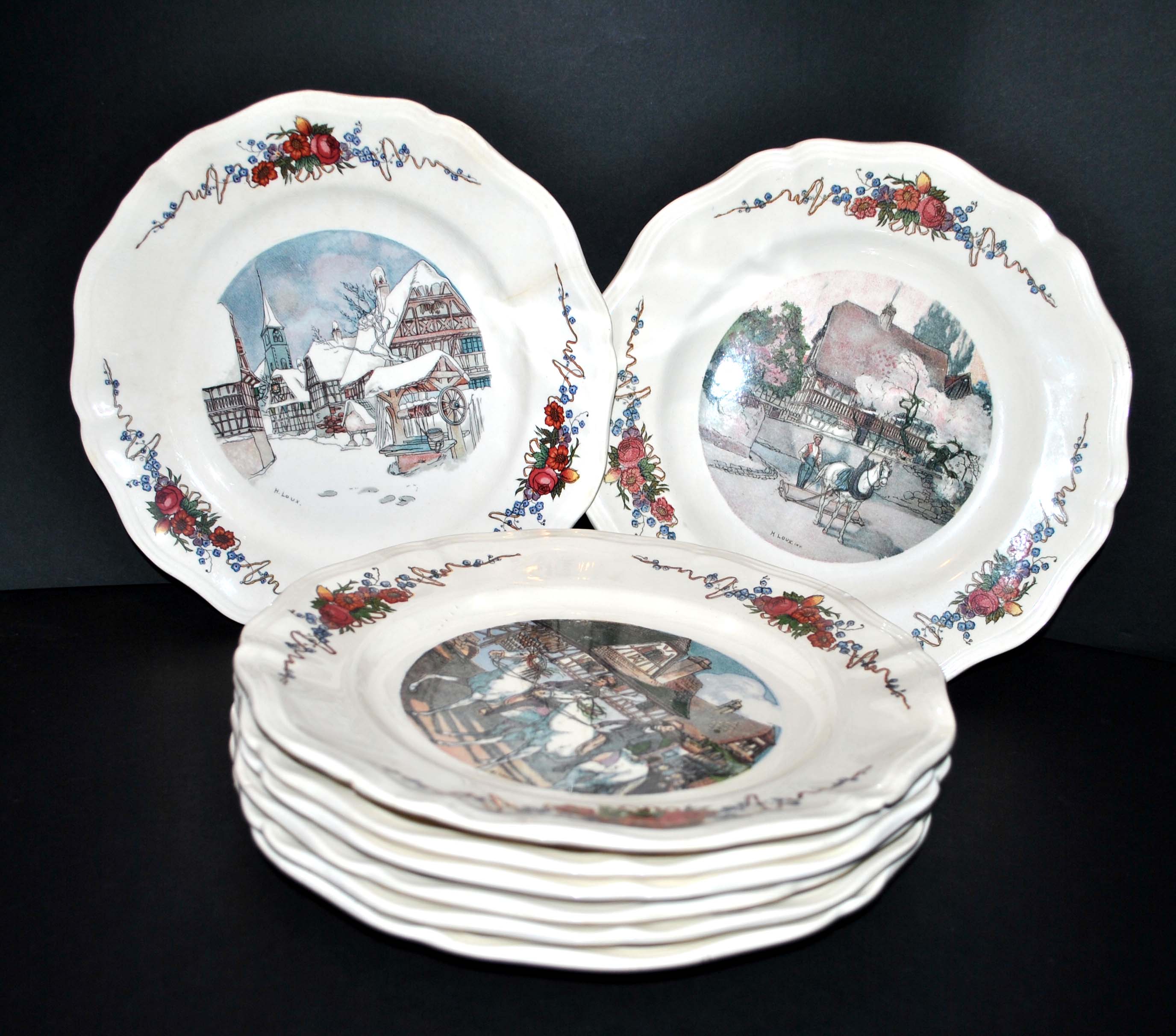 Set of 8 obernai flat plates in sarreguemines alsace earthenware 25cm