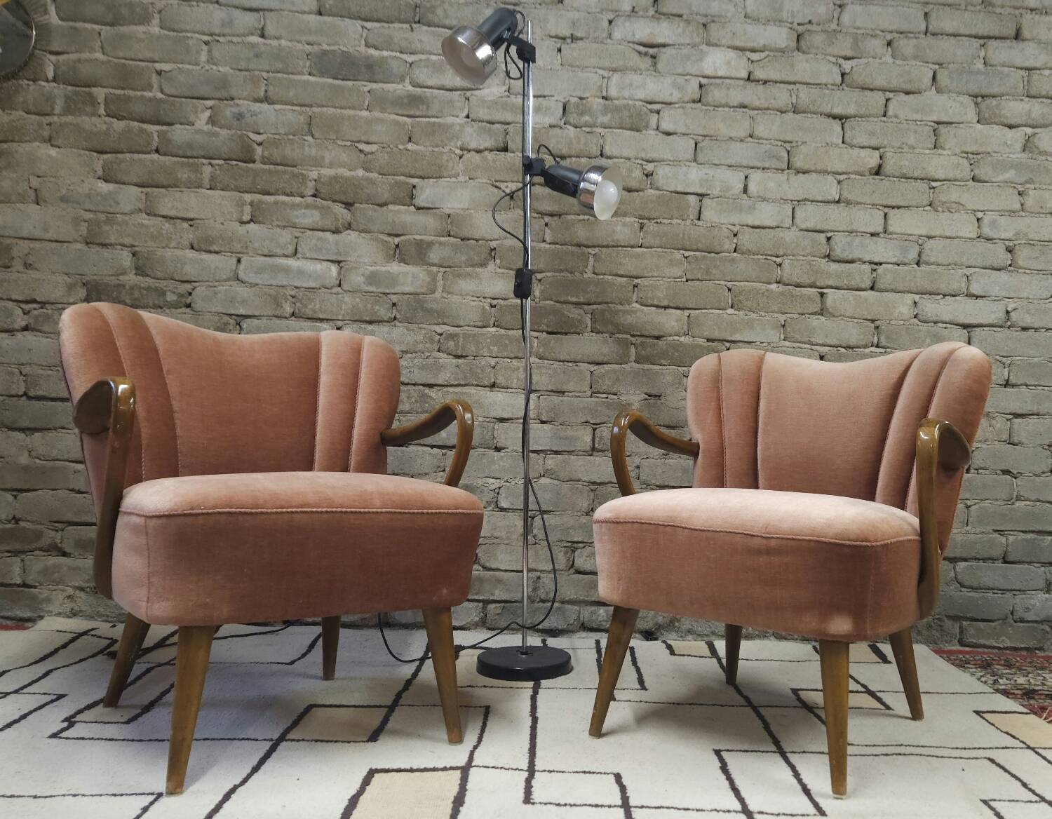 Pair of pink velvet cocktail armchairs 1960