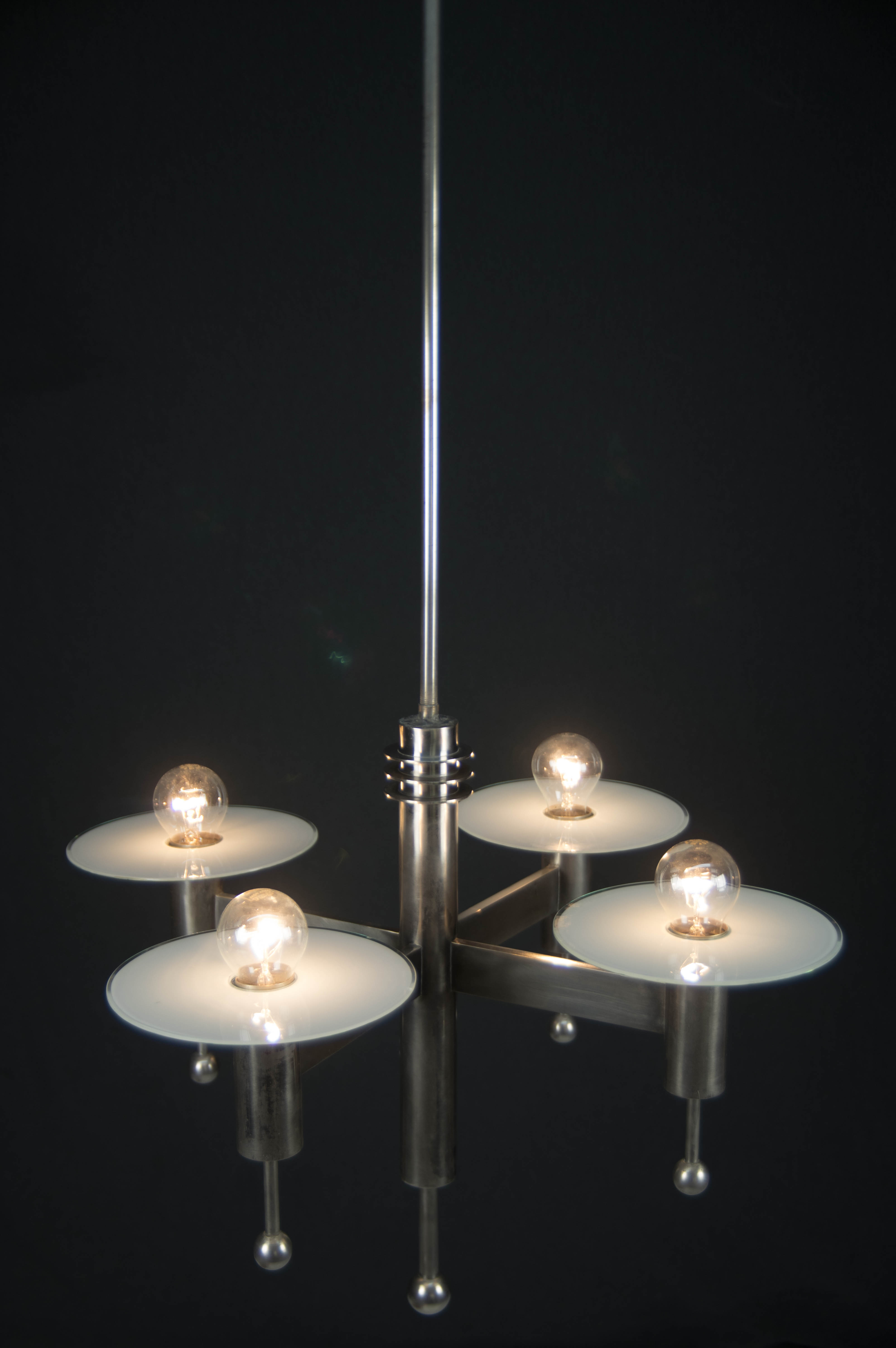 Art Deco or Bauhaus Nickel-plated 4-flamming chandelier, 1920s