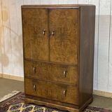 1950s English sideboard with drawers, Art Deco style, in walnut burl.