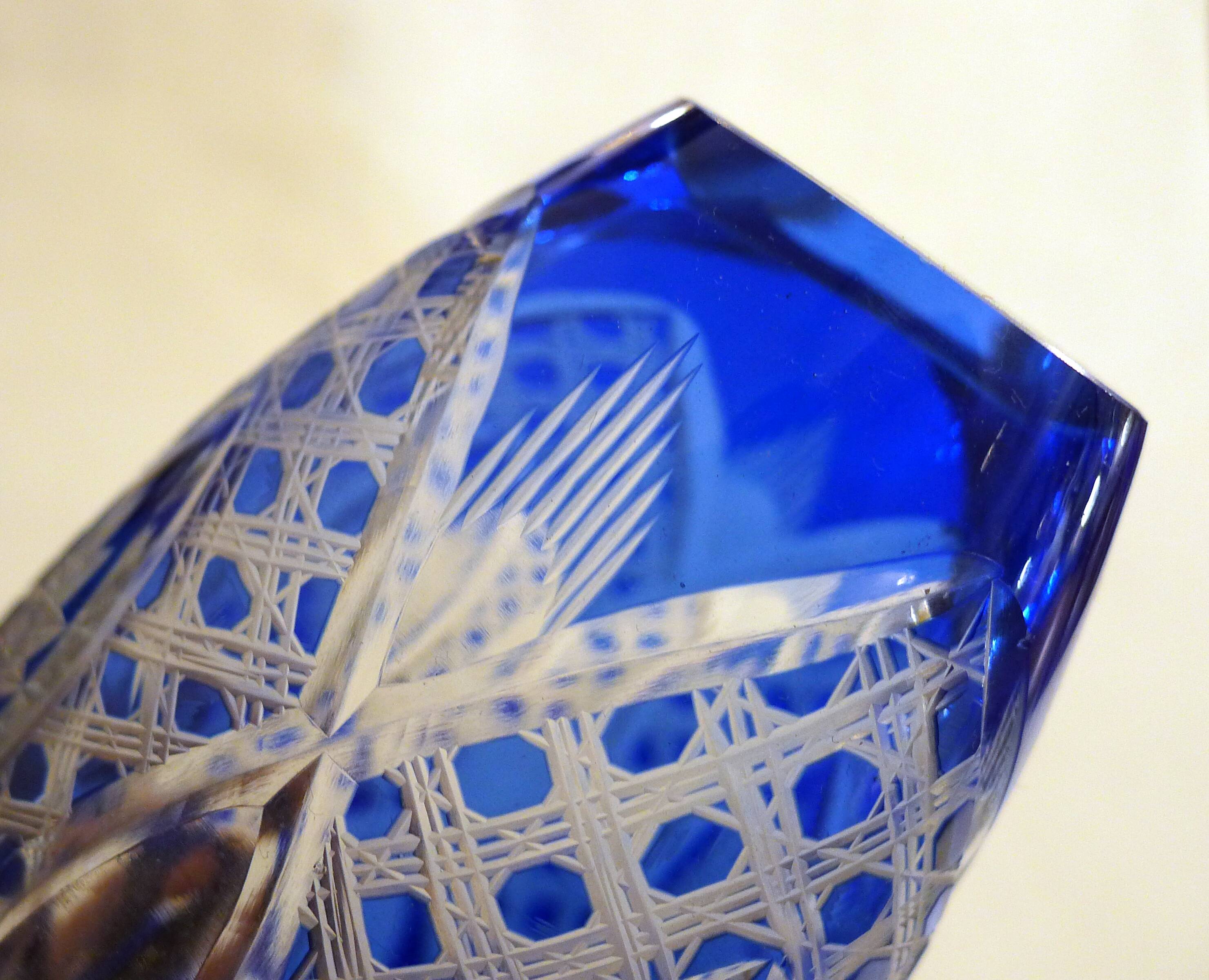 Small Bohemian crystal vase, cut with cobalt lining