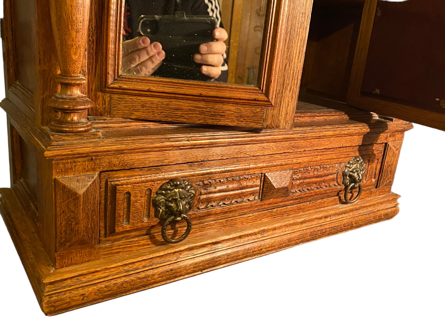 Lion's head oak shelf cabinet