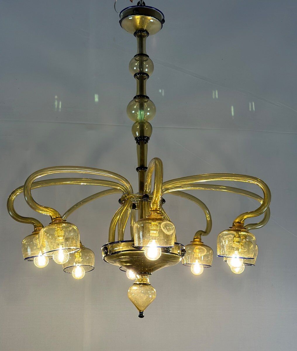 Venetian Art Nouveau chandelier in green and blue Murano glass circa 1920