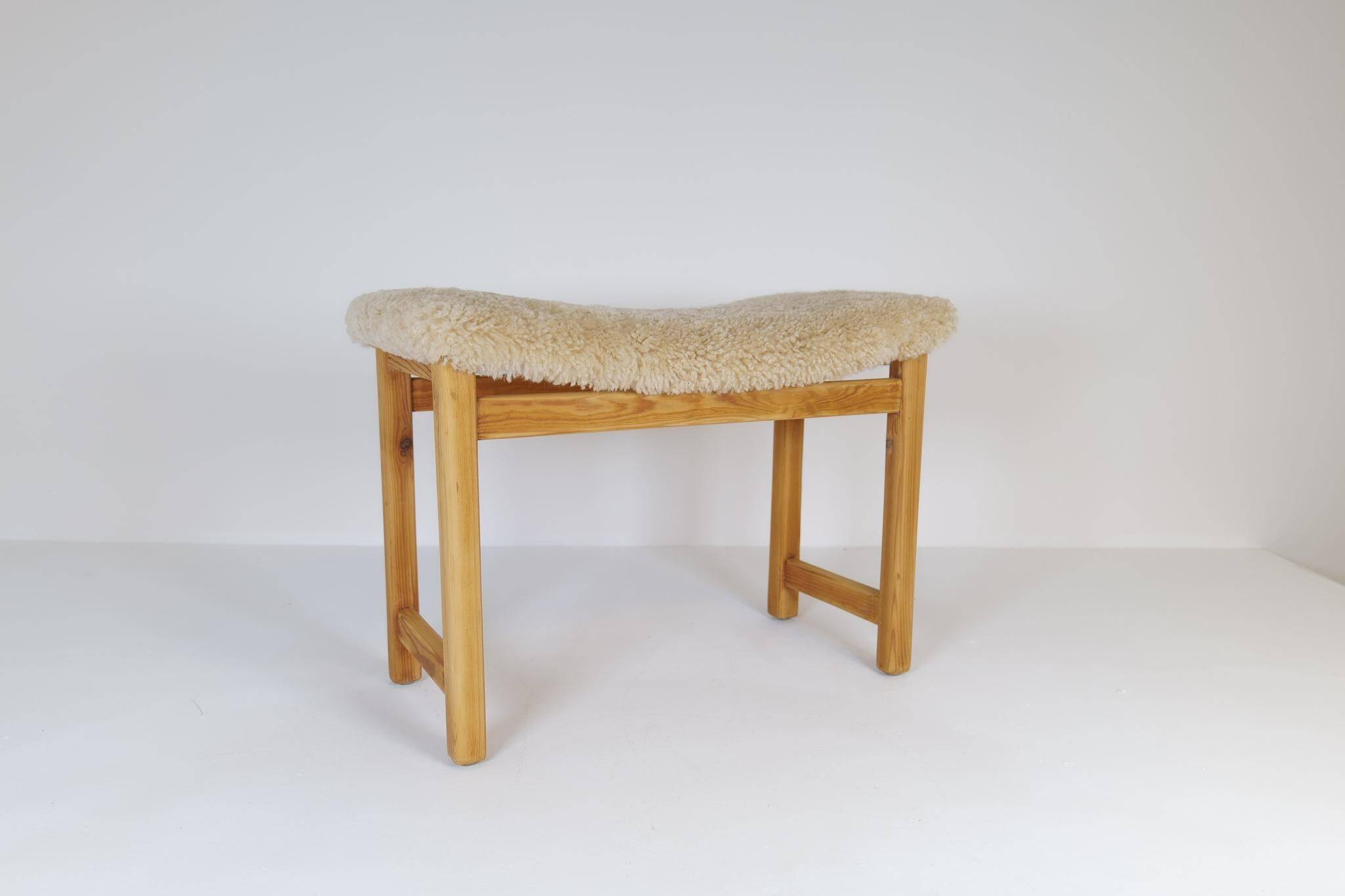 Modern Scandinavian stool in pine and sheepskin, Sweden, 1970s