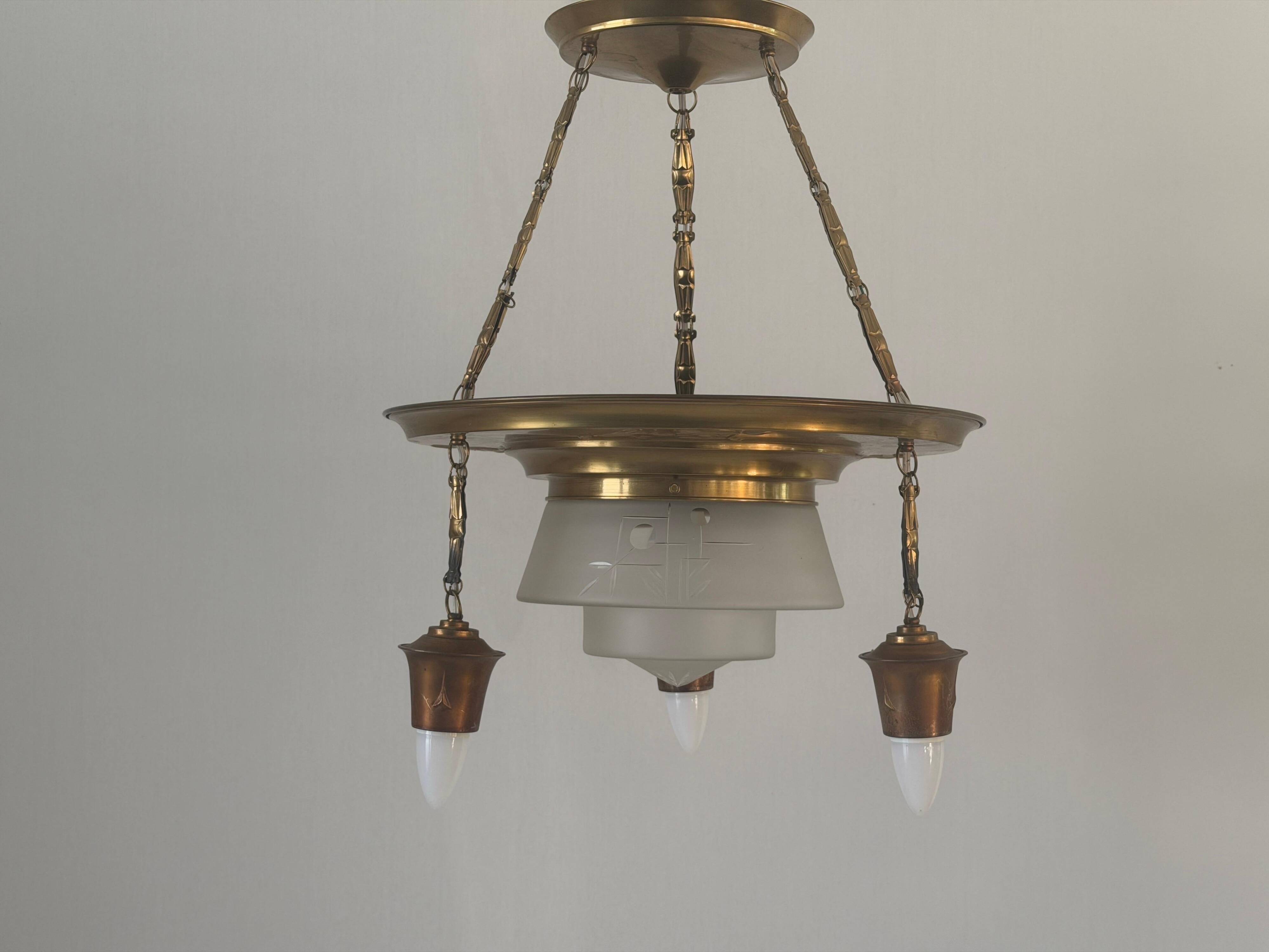 Art Deco ceiling light in copper and glass, 1940s, Germany