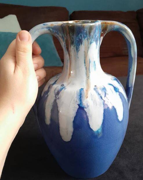 Blue and ocher enamelled stoneware vase with amphora-style handles