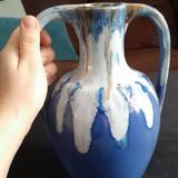 Blue and ocher enamelled stoneware vase with amphora-style handles