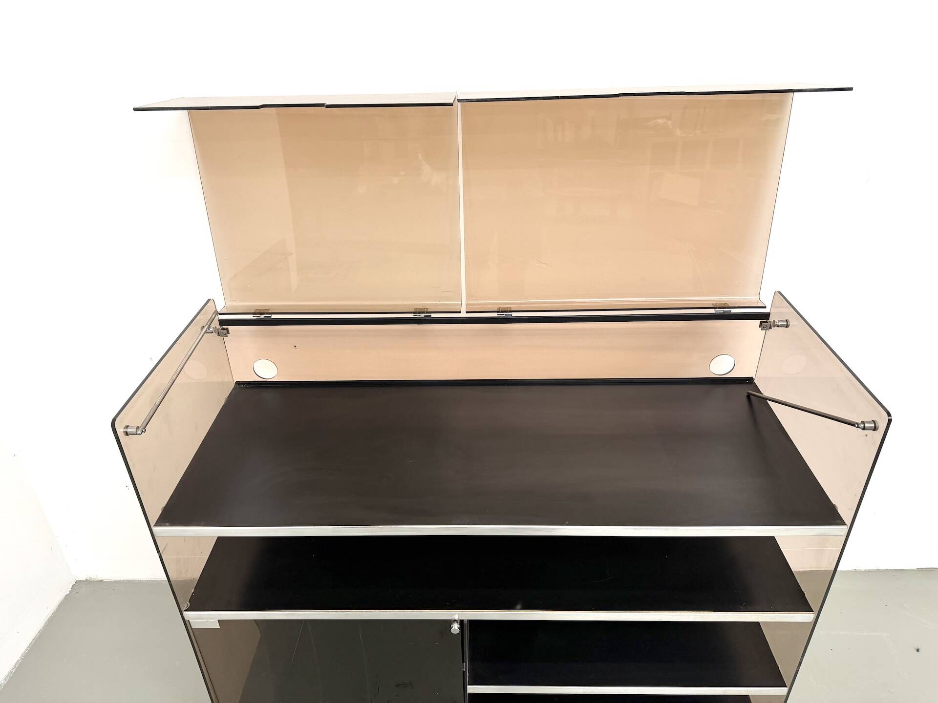 Hi-Fi furniture in smoked plexiglass and aluminium, Eric Maville