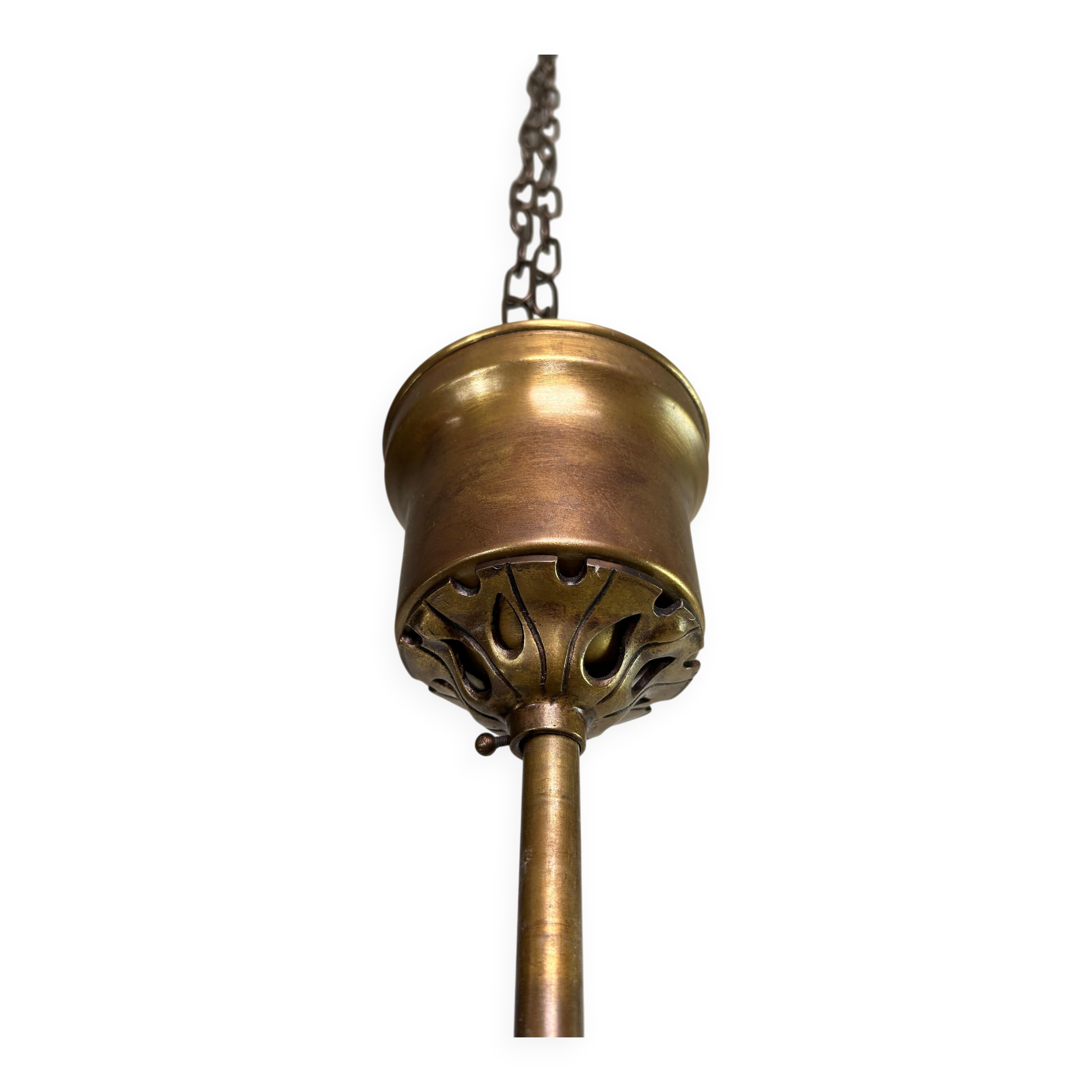 Art Nouveau chandelier with three arms and opalescent iridescent glass.