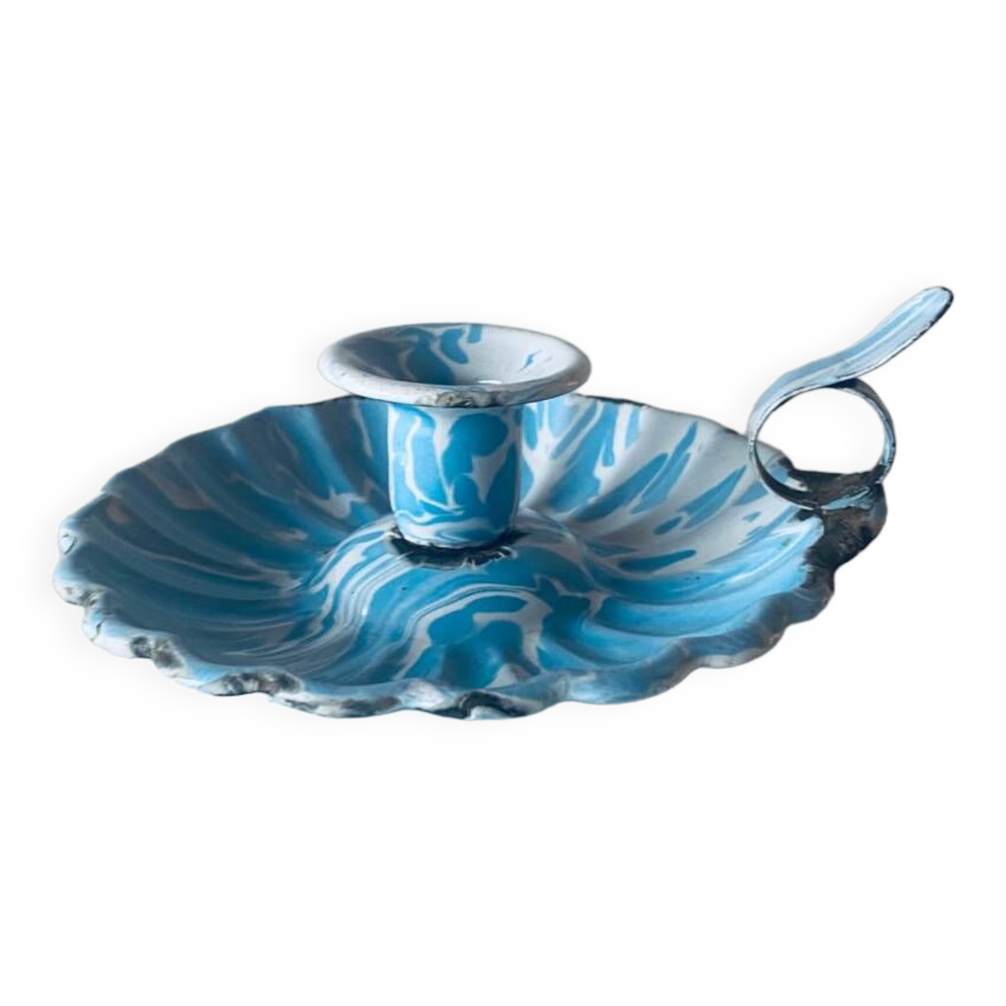 Old blue enameled metal candle holder