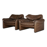 Fauteuils Maralunga en Cuir par Vico Magistretti pour Cassina, 1973
